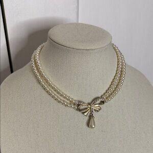 Vintage Faux Pearl Necklace with Bow Pendant Design - Two Strand